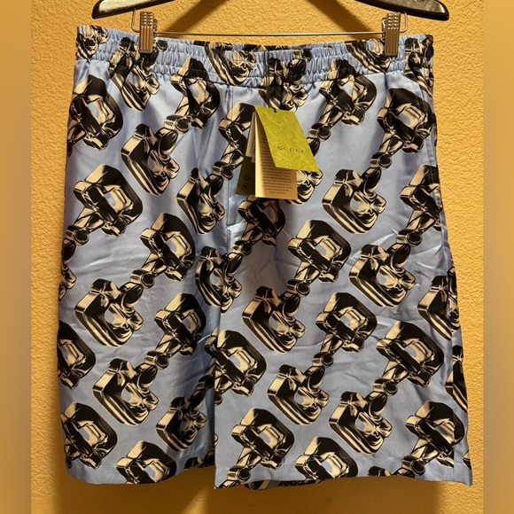 New Gucci Horsebit Logo Silk Shorts Blue Black Size IT 54 / US L 36 - 40 Waist